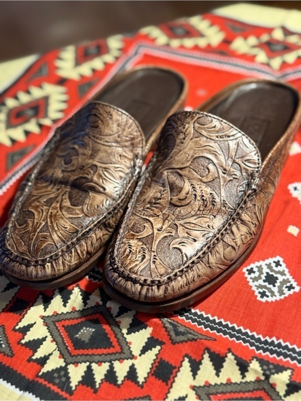 Cole Haan Tooled Leather Mule Loafers Western Boho Clogs Size 6.5B